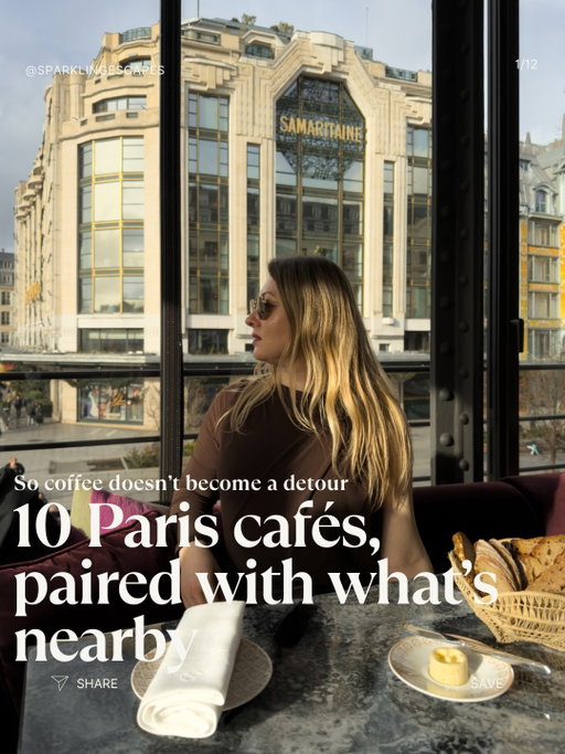 Save this or share it with the person you’d enjoy Paris like this with.

This is one of my favorite ways to plan cafés in Paris.
I pair them with what’s already nearby, so each stop fits naturally into the day.

Here are 10 Paris cafés, paired with landmarks and neighborhoods, so coffee works with your plans, not against them.

⚜️Café de Flore
Near: Église de Saint-Germain-des-Prés, Luxembourg Gardens
A classic stop while exploring Saint-Germain.

⚜️Ralph’s Coffee
Near: Saint-Germain shopping streets
An easy coffee stop while walking the area.

⚜️Louis Vuitton Café
Near: Pont Neuf, La Samaritaine, Bourse de Commerce, Louvre Museum
Perfect when you’re already on the Right Bank.

⚜️Carette
Near: Eiffel Tower, Trocadéro
A great café stop while visiting the Eiffel Tower area.

⚜️Di Vino
Near: Eiffel Tower area
Works for lunch, coffee, or wine later in the day.

⚜️Dior Café
Near: La Galerie Dior, Avenue Montaigne
These belong together and make a beautiful pairing.

⚜️Angelina
Near: Tuileries Gardens
A lovely break while walking through the gardens.

⚜️Madame Madame
Near: Hôtel de Ville
An easy stop while exploring central Paris.

⚜️Ladurée (Rue Royale)
Near: Hôtel de la Marine, Place de la Concorde, Le Village Royal
A nice pause while exploring this area.

⚜️La Verrière
Inside InterContinental Paris Le Grand
Near: Opéra Garnier
This is Café de la Paix’s restaurant space and fits perfectly before or after the Opéra.

This way of planning keeps days flowing naturally and makes Paris feel easier to enjoy.