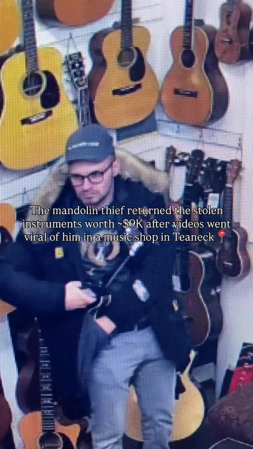 Update👇

A man accused of stealing two mandolins from a Teaneck music store earlier this week has returned the instruments, according to the owner.

The mandolins were taken from Lark Street Music on Monday. On Friday, the store owner said the man returned both instruments in two shopping bags and left behind a handwritten apology note before running off.

The note read: “Sorry, I been drunk. Merry Christmas. You are good man,” the owner shared in a social media post.

The return came days after surveillance footage of the theft spread widely online, with viral videos and posts circulating the suspect’s image across social media. This includes a video on our page which now has over 4.6M views & 57K likes. 

Teaneck police are still investigating the incident and are attempting to identify the man.

-

Follow for more things happening in Bergen County

#bergencounty #bergencountynj #northjerseynews #njnews #teanecknj