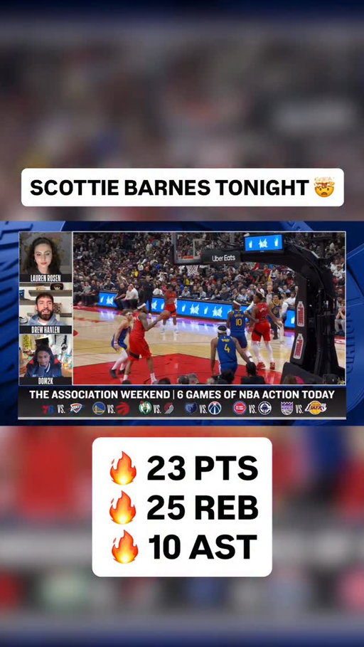 @drewhanlen, @laurenmrosen, and @dom_2k react to @ya.boy.scottie’s HUGE stat line, resulting in the first 20/20/10 game in Raptors history!