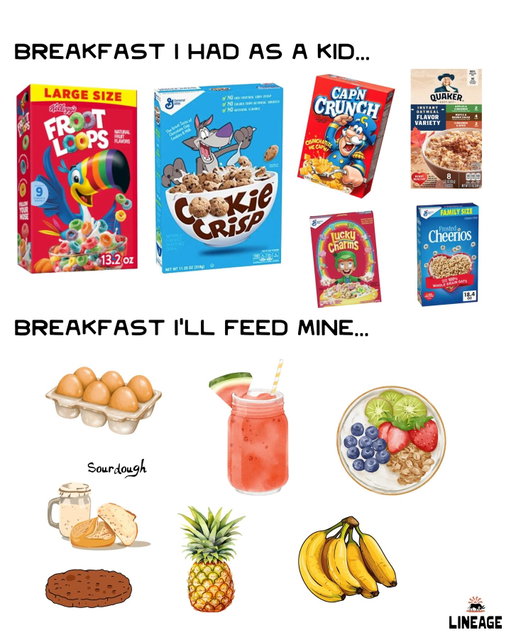 This is crazy. And the sad truth is…

Most of us grew up eating what was considered “normal” at the time: 

Cereal breakfasts, packaged lunches, ultra-processed dinners, and snacks engineered to be addictive. 

Our parents weren’t trying to harm us, they were trusting the food system they were told was safe and convenient.

Now we know better. We understand that these foods were built on refined sugar, high fructose corn syrup, seed oils, artificial flavors, and ingredients no human body evolved to thrive on.

Today, we choose differently for ourselves and for our kids…

We prioritize real food, quality protein, healthy fats, whole fruits, and simple ingredients that actually support growth, hormones, and long-term health.

This isn’t about being perfect or extreme. It’s about replacing what was once marketed as food with what humans have always eaten and raising the next generation stronger than the last.

Eat like a human.