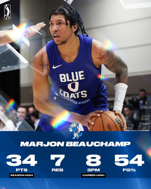 MarJon Beauchamp CAN’T be stopped! The @sixers Two-Way signee scored a season-high and hit a career-high in 3PM to lead the @delawarebluecoats to an 18-point comeback win. 👏