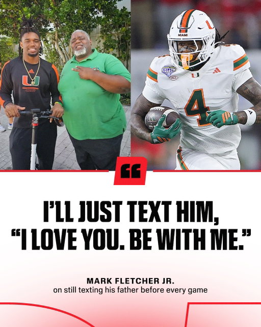Mark Fletcher Jr.'s father "Big Mark" was a huge Canes fan and died before the FSU game last year. He still texts his dad before every game and is thinking of him on the field ❤️