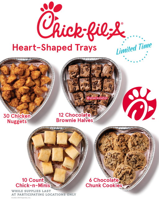If you want to show someone you really love them, a Chick-fil-A heart shaped tray is always better than flowers!

Returning again in 2026 are heart shaped trays at Chick-fil-A that come with your choice of 30 chicken nuggets, 12 brownie halves, 10 Chick-n-Minis, or 6 chocolate chunk cookies.

Typically these are available by the last week of January, but some locations are already selling so you can check locally to see when yours drop them.

Definitely check before heading over if you're going for one, but be on the lookout as they rollout ahead of Valentine's Day!

Which heart shaped tray would you get from Chick-fil-A?

#chickfila #cfa #heartshaped #fastfood #valentinesday