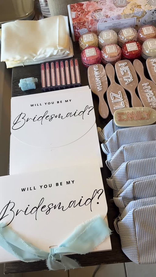 wedding countdown day 16: everything i put in my bridesmaid proposal boxes 💍🫶🏼✨ came out to about $50 each and the girls LOVED them! my goal was to choose items really intentionally so nothing would be tacky or overly “bridesmaid”-y #2026bride #2026wedding #bridesmaidsgifts #bridesmaidproposalbox