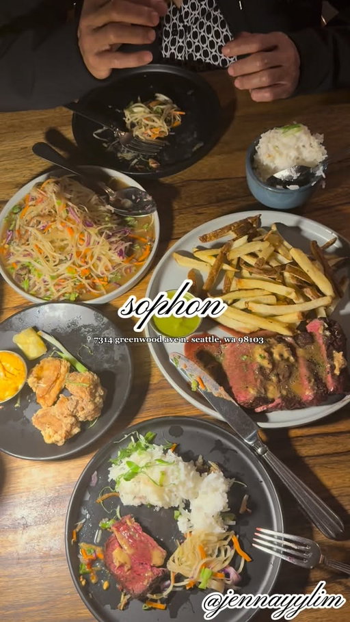 Elevated Khmer restaurant in Phinney Ridge 🇰🇭 yessirrr my ma’ and I hit up @sophonseattle for dinner date in phinney ridge x seattle, wa ⚲ known for their Cambodian cuisine. It’s been so long since I came back and brought my ma’ plus visit @chefsonnyt and @monimedia__ 🤍 from kreoung khmeraage, prahok k’tiss, pleauh trei crudo, lort cha, sach ko ang + fries, cocktails drinks and many more. @sophonseattle owned by @karu1001 — Karuna Long opened couple years ago. They have the best ban ja’neuk — my ma’ and I cannot get over it. Don’t miss out on the dessert 🎋 they do routine their menu on the season! super dope and kind staffs here! Arkoun @sophonseattle for the amazing hospitality! Definitely a treat for my mommy and I 🤍 

Come thur to @sophonseattle in phinney ridge + support locals ✨✨
•
•
•
•
#goodeatswithjenny #sophon #cambodianfood #khmerfood #seattlefoodie