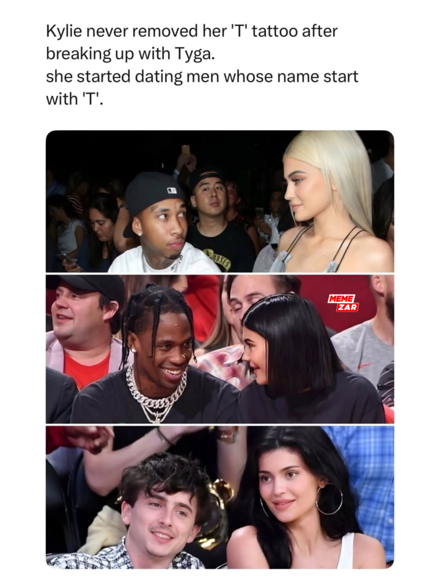 She really said "modern problems require modern solutions" 😂😂

Kylie Jenner got a small T tattoo back in 2016 while she was dating Tyga and even after they split she never had it removed, so it continued to show up in later years, though she has never explained its meaning beyond that time and it is generally understood to have been connected to Tyga.

Fans later turned it into a running joke because some of her most talked about relationships afterward were also with men whose names start with T including Travis Scott and Timothée Chalamet, and while there is no indication the tattoo had anything to do with who she dated, the coincidence has stuck around as a bit of pop culture trivia tied to her love life.