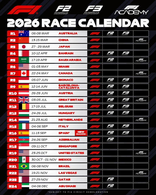 The full 2026 schedule! 🗓️

You won’t want to miss any of the F1, F2, F3 or F1 Academy action 👊

#F1 #Formula1