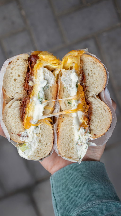 Layers of flavor - The Bee Sting 🐝 
Bee Sting: Scallion cream cheese, bacon, egg, cheddar, Mike’s hot honey! 🍯 

#obagel #bagels #hoboken #njbagels #newbrunswick #jerseybagels #breakfast #asmr #bagel #pov