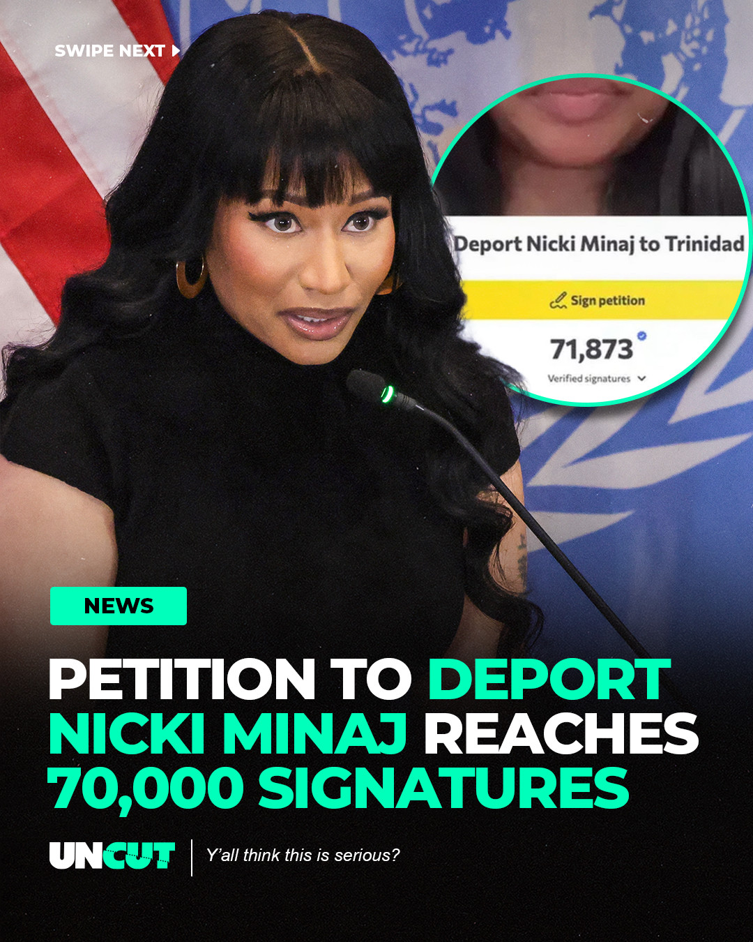 Nicki Minaj is facing a viral deportation petition that has now passed 70,000 signatures 🚨📝⁠
⁠
The Change.org petition calls for her removal from the U.S. following her appearance at Erika Kirk’s Turning Point USA event, with reports suggesting the campaign may have even been started by one of her own fans 👀🇺🇸⁠
⁠
What do y’all think⁉️🤔