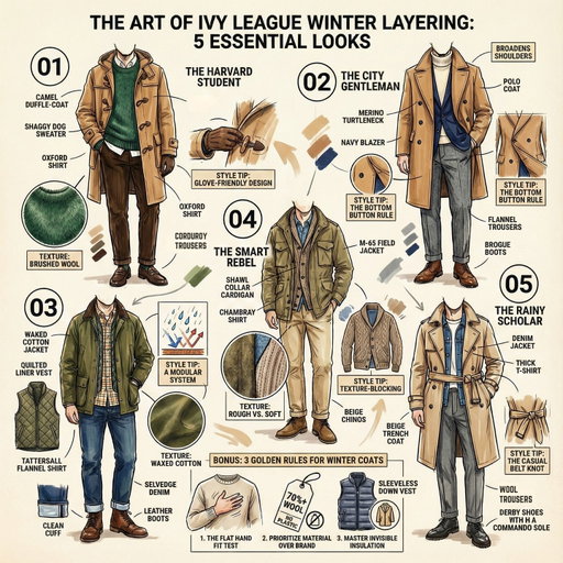 L'hiver n'est pas une fatalité vestimentaire. C'est un terrain de jeu.
Le secret du style Ivy League ? L'art de superposer des pièces robustes et des matières nobles pour créer une armure thermique élégante — sans jamais ressembler au Bonhomme Michelin.
Voici 5 archétypes de layering hivernal, construits selon les principes qui ont fait leurs preuves sur les campus de la côte Est américaine.
The Harvard Student
→ L'astuce : les brandebourgs en corne sont les seules attaches manipulables avec des gants épais.
The City Gentleman
→ La règle : sur un manteau long, on ne ferme jamais le bouton du bas. Cela libère la marche et donne du mouvement.
The Smart Rebel
→ Le contraste : la rugosité de la toile militaire contre la douceur de la maille. Le col châle remonte haut et dispense d'écharpe.
The Outdoor Preppy
→ Le secret : le coton ciré coupe le vent, le matelassé garde la chaleur. C'est le duo modulaire parfait.
The Rainy Scholar
→ L'astuce : ne bouclez pas la ceinture comme un enfant sage. Nouez-la négligemment pour structurer sans figer.
💬 Commentez WINTER pour trois emails illustrés avec de précieux conseils pour bien s'habiller en hiver.

Winter isn't a style death sentence. It's a playground.
The Ivy League style secret? The art of layering robust pieces and noble fabrics to create an elegant thermal armor.
Here are 5 winter layering archetypes, built on principles proven across East Coast American campuses.
The Harvard Student
→ The tip: horn toggles are the only closures you can operate with thick gloves.
The City Gentleman
→ The rule: on a long coat, never fasten the bottom button. It frees your stride and adds movement.
The Smart Rebel
→ The contrast: military canvas roughness against knit softness. The shawl collar rises high and eliminates the need for a scarf.
The Outdoor Preppy
→ The secret: waxed cotton blocks wind, quilting retains heat. The perfect modular duo.
The Rainy Scholar
→ The tip: don't buckle the belt like a schoolboy. Tie it casually to structure without stiffening.
💬 Comment WINTER for three illustrated emails with essential tips for dressing well this winter.

#IvyStyle #WinterLayering #ModeHomme #DuffleCoat #FieldJacket #WaxedJacket