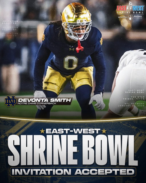 Invitation Accepted

Notre Dame CB DeVonta Smith is locked in for the East-West Shrine Bowl! ☘️

#GoIrish | #ShrineBowlWHOSNEXT 😎
