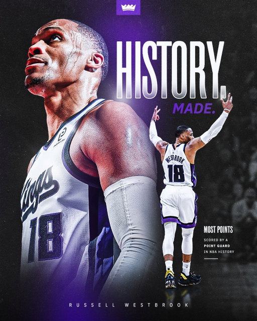 at the top 👑 
 
Russell Westbrook passes Oscar Robertson for the most points by a point guard in NBA history.