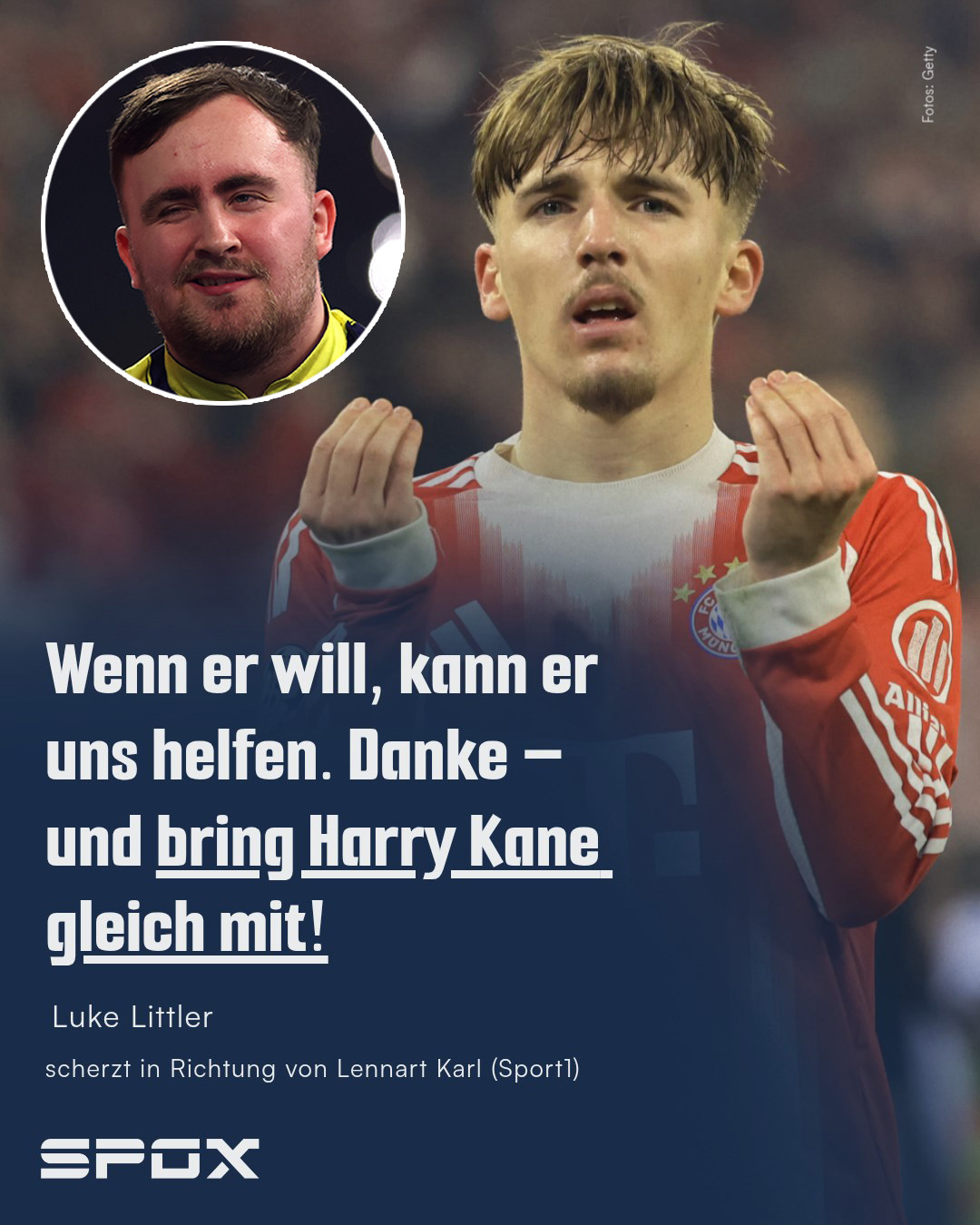 Nach dem Gewinn der Darts-WM berichtete Luke Littler, dass ihm Lennart Karl vor einem seiner Spiele im WM-Verlauf geschrieben habe. "Der Bayern-München-Spieler – ich sage seinen Vornamen nicht – Karl hat mir geschrieben. Er meinte so etwas wie: 'Mach weiter so'. Ich folge ihm seitdem." 🤝

Littler ist übrigens von Fan von Manchester United. 😅