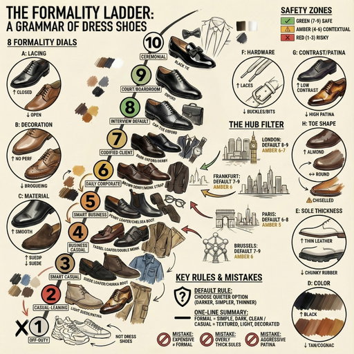 🇫🇷 La grammaire des souliers habillés en 3 principes

Choisir la bonne paire de chaussures pour le bon contexte : voilà ce qui sépare l'homme bien habillé de celui qui fait simplement des efforts.

Voici les 3 principes qui régissent la formalité d'un soulier :

𝟭. 𝗟𝗲 𝗹𝗮𝗰̧𝗮𝗴𝗲 𝗱𝗲́𝘁𝗲𝗿𝗺𝗶𝗻𝗲 𝗹𝗲 𝗿𝗲𝗴𝗶𝘀𝘁𝗿𝗲
Fermé (richelieu) = formel. Ouvert (derby) = polyvalent. Sans lacets (mocassin) = décontracté. Cette hiérarchie est non négociable.

𝟮. 𝗟𝗮 𝘀𝗶𝗺𝗽𝗹𝗶𝗰𝗶𝘁𝗲́ 𝗲́𝗹𝗲̀𝘃𝗲 𝗹𝗮 𝗳𝗼𝗿𝗺𝗮𝗹𝗶𝘁𝗲́
Moins de perforations, moins de couleur, moins de texture = plus d'élégance stricte. Le bout droit sans décoration reste le sommet de la pyramide.

𝟯. 𝗟𝗲 𝗰𝗼𝗻𝘁𝗲𝘅𝘁𝗲 𝗱𝗶𝗰𝘁𝗲 𝗹𝗲 𝗰𝗵𝗼𝗶𝘅
Dans le doute, optez toujours pour l'option la plus sobre : plus foncé, plus simple, semelle plus fine. On ne reproche jamais à quelqu'un d'être trop bien habillé.

5 contextes décryptés dans ce carousel, du conseil d'administration au weekend.

💬 Commentez SHOE pour 3 emails illustrés avec de précieux conseils pour bien choisir vos souliers

🇬🇧 The grammar of dress shoes in 3 principles

Choosing the right pair for the right context: that's what separates the well-dressed man from the one who's merely making an effort.

Here are the 3 principles that govern shoe formality:

𝟭. 𝗟𝗮𝗰𝗶𝗻𝗴 𝗱𝗲𝘁𝗲𝗿𝗺𝗶𝗻𝗲𝘀 𝘁𝗵𝗲 𝗿𝗲𝗴𝗶𝘀𝘁𝗲𝗿
Closed (Oxford) = formal. Open (Derby) = versatile. No laces (loafer) = relaxed. This hierarchy is non-negotiable.

𝟮. 𝗦𝗶𝗺𝗽𝗹𝗶𝗰𝗶𝘁𝘆 𝗲𝗹𝗲𝘃𝗮𝘁𝗲𝘀 𝗳𝗼𝗿𝗺𝗮𝗹𝗶𝘁𝘆
Fewer brogues, less colour, less texture = stricter elegance. The plain cap-toe remains the pinnacle.

𝟯. 𝗖𝗼𝗻𝘁𝗲𝘅𝘁 𝗱𝗶𝗰𝘁𝗮𝘁𝗲𝘀 𝘁𝗵𝗲 𝗰𝗵𝗼𝗶𝗰𝗲
When in doubt, always choose the quieter option: darker, simpler, thinner sole. No one ever faults a man for being overdressed.

5 contexts decoded in this carousel, from boardroom to weekend.

💬 Comment SHOE for 3 illustrated emails with essential tips for choosing the right shoes

#DressShoes #ModeHomme #StyleMasculin #MenswearGuide #SartorialStyle #OxfordShoes #DoubleMonk #PennyLoafer #ChukkaBoots #ShoeGame