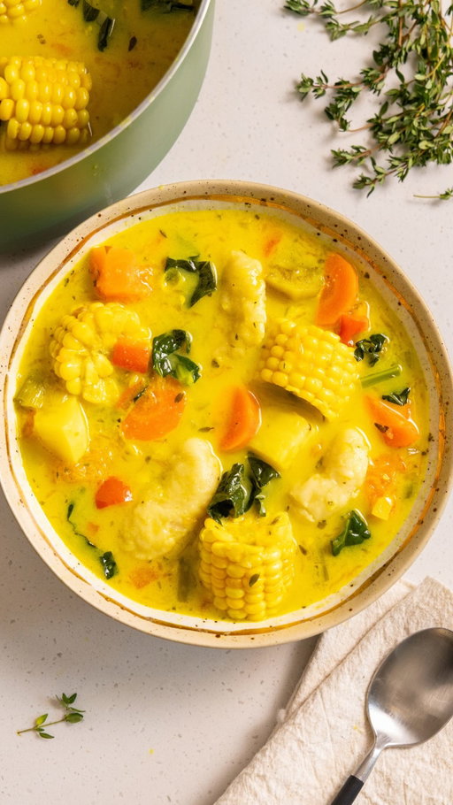 This soup understands the assignment 🙂‍↕️🤤 @matthewchincreative 

RECIPE

Ingredient list:
●  2 tbsp coconut oil
●  ¼ cup green onions, rough chopped
●  4 Garlic cloves, minced
●  ½ cup yellow onion, diced
●  1 cup pumpkin, rough chopped
●  1 cup carrots, sliced
●  1 bell pepper, diced
●  ¼ cup green seasoning
●  1 tbsp curry powder
●  1 tbsp all purpose seasoning
●  1 tbsp turmeric
●  Salt and pepper to taste
●  2 tbsp vegetable stock powder
●  4 cups water
●  1 can (450ml) coconut milk
●  1 can (400ml) creamed corn
●  4 cobs of corn, rough chopped
●  1 cup russet potatoes, peeled and chopped
●  1 cup yellow yam, rough chopped
●  1 cup jamaican sweet potato, rough chopped
●  4 sprigs thyme
●  1 scotch bonnet pepper
●  1 cup black kale
 
For the dumplings (sinkers):
●  1½  cups flour
●  ¼ cup warm water
●  1 tsp salt
●  ½ tsp baking powder
 
Instructions:
 
In a large pot add coconut oil, onions, garlic, green onions and cook until tender
Follow that with bell peppers, carrot, pumpkin and stir.
Add green seasoning, spices, and salt and pepper and mix until fragrant and evenly coated.
Pour in coconut milk, creamed corn, vegetable stock, and stir until well combined.
Follow that with the root vegetables, sliced corn, thyme and a scotch bonnet pepper.
Bring to a boil then let simmer for 15-20 minutes.
Meanwhile, make the sinkers by adding all the ingredients to a bowl and knead until tacky. Roll into a log then slice 2” apart or to make about 10 dumplings.
Using your palm and fingertips, roll into a ball, press with your palm and curl the outer pieces with your fingertips to form a round disk. Repeat until all the dumplings are made.
Place dumplings into the soup, followed by black kale and simmer for another 10-15 minutes.
Once cooked, remove thyme, scotch bonnet pepper and serve.