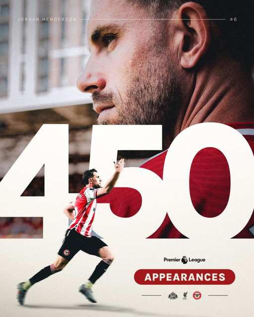 A @premierleague great 🫶
 
Jordan Henderson made his 450th Premier League appearance yesterday