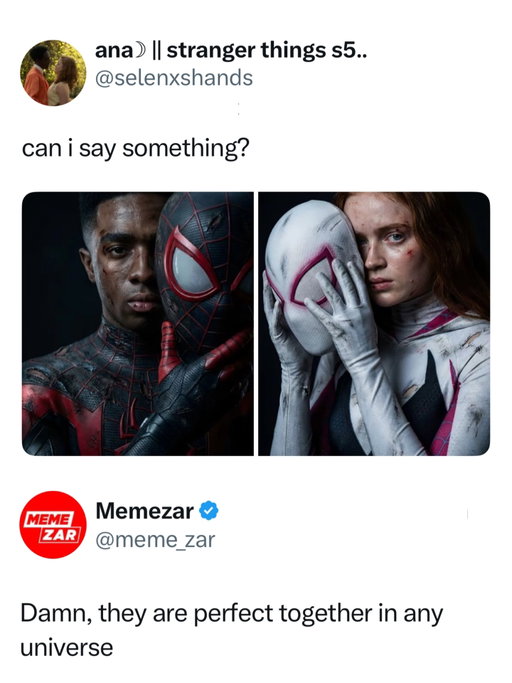 Relevant production companies and rights holders, take notes, I want a Spiderverse live action movie starring them by December 

Sadie Sink is an American actress best known for playing Max Mayfield in Stranger Things. She gained early attention on Broadway and later starred in films like The Whale, earning praise for her emotional range and intensity.

Caleb McLaughlin is an American actor and musician, widely recognized for his role as Lucas Sinclair in Stranger Things. He began his career on Broadway as Young Simba in The Lion King and has since used his platform to speak about representation while expanding into music and film.