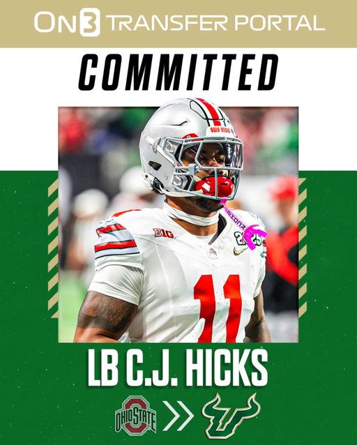 Ohio State transfer LB CJ Hicks has signed with USF, Pete Nakos reports🐂

Hicks was a 5-star in the 2022 class.

Follow @Transferportal for all NCAA Transfer Portal news.