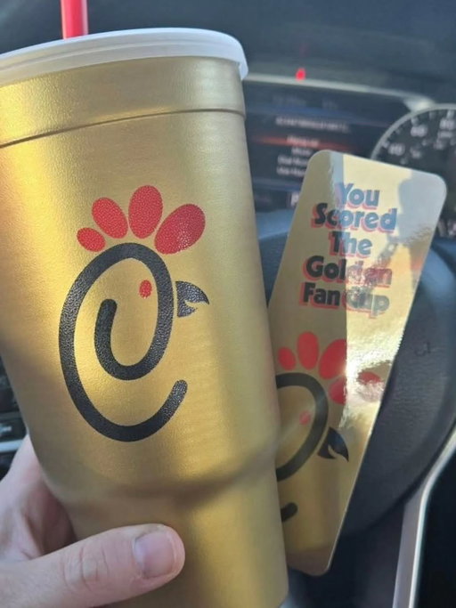 Woahhhhhhhhhh - the FREE Chick-fil-A for a year cup is glorious and is made for a king! There are 3,000 of them randomly inserted and it gives you free Chick-fil-A each week for a year!

Huge congrats to Dylan Samples for scoring the golden cup of CFA goodness and sharing the photo with me!! 🎉

I posted a video earlier showing my (non-gold) cup if you want to see how it all works, but you can get these at Chick-fil-A locations nationwide for $3.99 and they're reusable cups (thicker plastic) with 3,000 random gold cups. They are all bagged so you can't see if you're a winner until you open it up. :)