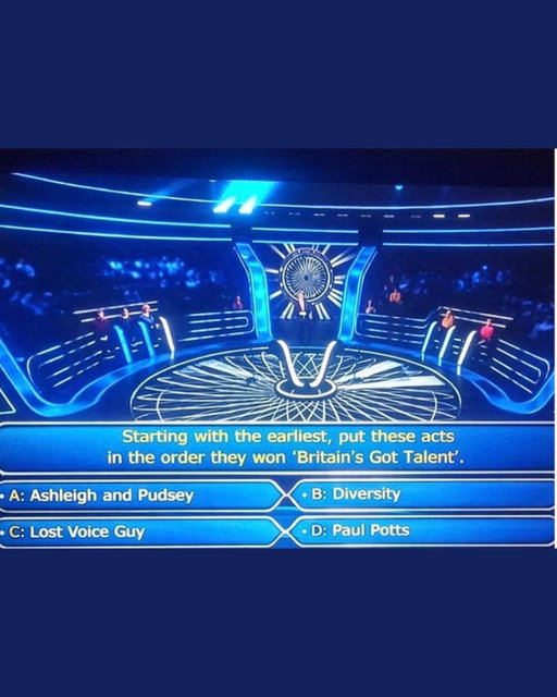 Throwback to when I finally made it onto Who Wants To Be A Millionaire.

Not as a contestant.

As a question. 

Go on then, what’s the correct order. 

#WhoWantsToBeAMillionaire 
#BritainsGotTalent 
#BGT 
#BritishComedy 
#ITV