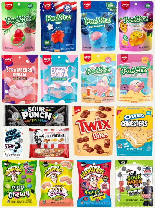More candy keeps coming! New releases and new products coming soon 😍

- Peelerz Watermelon (available on our website now)
- Peelerz Stars (February)
- Peelerz Blue Raspberry (February)
- Peelerz Passion Fruit (available on our website now)
- Amos Strawberry Dream (available on our website now)
- Amos Fizzy Soda (available on our website now)
- Peelerz Ice Cream (Summer)
- Peelerz Seashells (Summer)
- Sour Punch Mystery Straws
- Pop Rocks Mystery (March)
- KFC Jelly Beans (March)
- Twix Bites (January)
- Oreo Cakesters Funfetti
- Warheads Chewy (February)
- Warheads Sour Clouds (February)
- Warheads Cubes Chaos (Summer)
- Sour Patch Kids Strikers (March) 

Which one will be your new fav? 👀