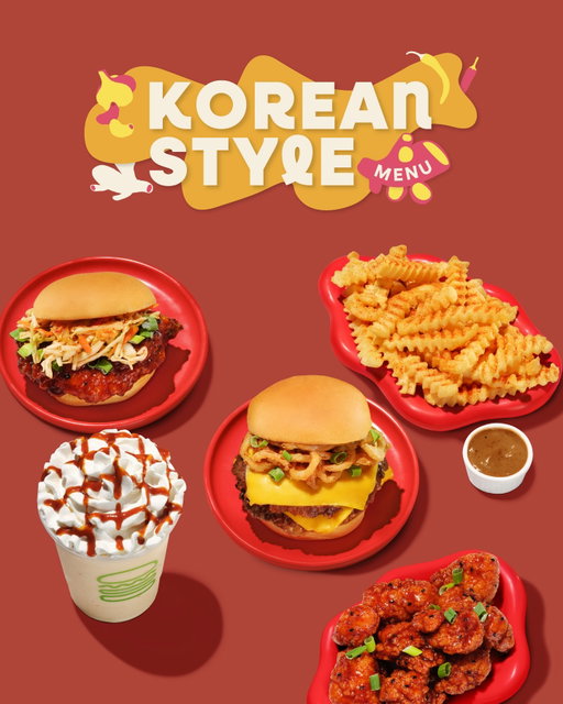 Big, bold, spicy, and sweet—the Korean-Style Menu is back with some exciting new additions! Swipe to explore 👉
 
K-Shack Fried Chicken Sandwich
Antibiotic-free, hand-breaded whole white-meat chicken breast glazed in spicy-sweet sesame gochujang, topped with fresh scallions and kimchi slaw made with Choi’s Kimchi, served on a toasted potato bun
 
K-Shack Fried Chicken Bites
Antibiotic-free, whole white-meat chicken bites coated in a spicy-sweet sesame gochujang glaze, finished with fresh scallions and served with your choice of dipping sauce
 
K-Shack Spicy Caramel Shake
Gochujang caramel frozen custard topped with whipped cream and an extra drizzle of gochujang caramel for a perfectly balanced sweet-heat finish
 
K-Shack BBQ Burger
A made-to-order quarter-pound* per patty of 100% Angus beef topped with American cheese, crispy sweet onions, fresh scallions, and savory Korean BBQ sauce on a toasted potato bun. *Approx weight per patty is 4oz before cooking
 
K-Shack Spicy BBQ Fries
Crispy crinkle-cut fries dusted with kimchi seasoning and served with a side of Korean BBQ sauce. Also available with Cheese Sauce