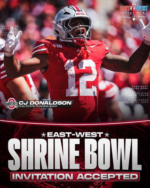 Invitation Accepted

Ohio State RB CJ Donaldson has officially accepted his invite to the East-West Shrine Bowl! 🌰

#GoBucks | #ShrineBowlWHOSNEXT 😎