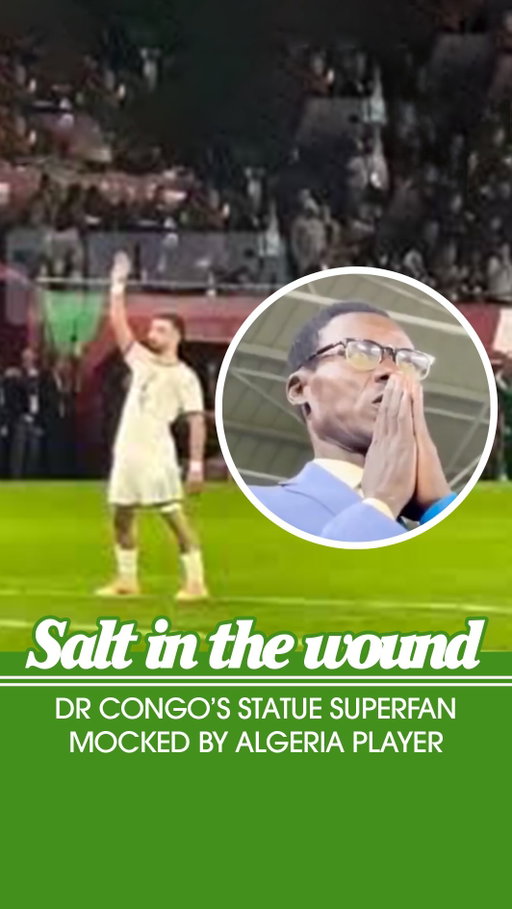 UNBELIEVABLE SCENES AT AFCON 😱

A member of Algeria’s squad mocked the viral Congolese superfan after The Greens scored a 119th-minute winner to advance to the quarter-finals of the tournament.

The fan, Michel Nkuka Mboladinga, has been dubbed “Lumumba” for his statuesque stance taken in honor of the country’s first Prime Minister.