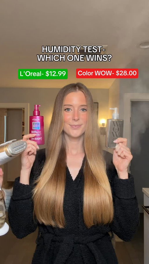 As promised… the humidity test between L’Oreal Iron Sleek Coat vs Color WOW! My hair blow dries naturally straight but it can absolutely gets poofy & frizzy in humid weather without humidity protection- so this was so cool to see how well these work in real time! I applied steam for several minutes each on both sides. Can you tell a difference? 

#loreal #colorwow #humidity #hairhacks