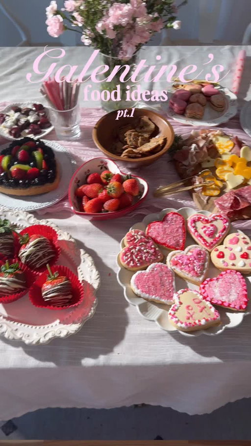 Galentine’s Day Food Ideas! Welcome to the hosting series 💕 Here are some easy, beautiful snacks for hosting!

- For a simple and beautiful drink, layer glitter and cotton candy on a flute with your favorite drink. You can also garnish with edible butterflies for a special touch. 
- Make a charcuterie board even cuter by cutting out the cheese with hearts. 
- Cut strawberries into roses to make a strawberry bouquet. 
- Embossed or springerle cookies are oh so elegant! I have a recipe on my blog 💕

#galentines #galentinesday #hosting #partyideas