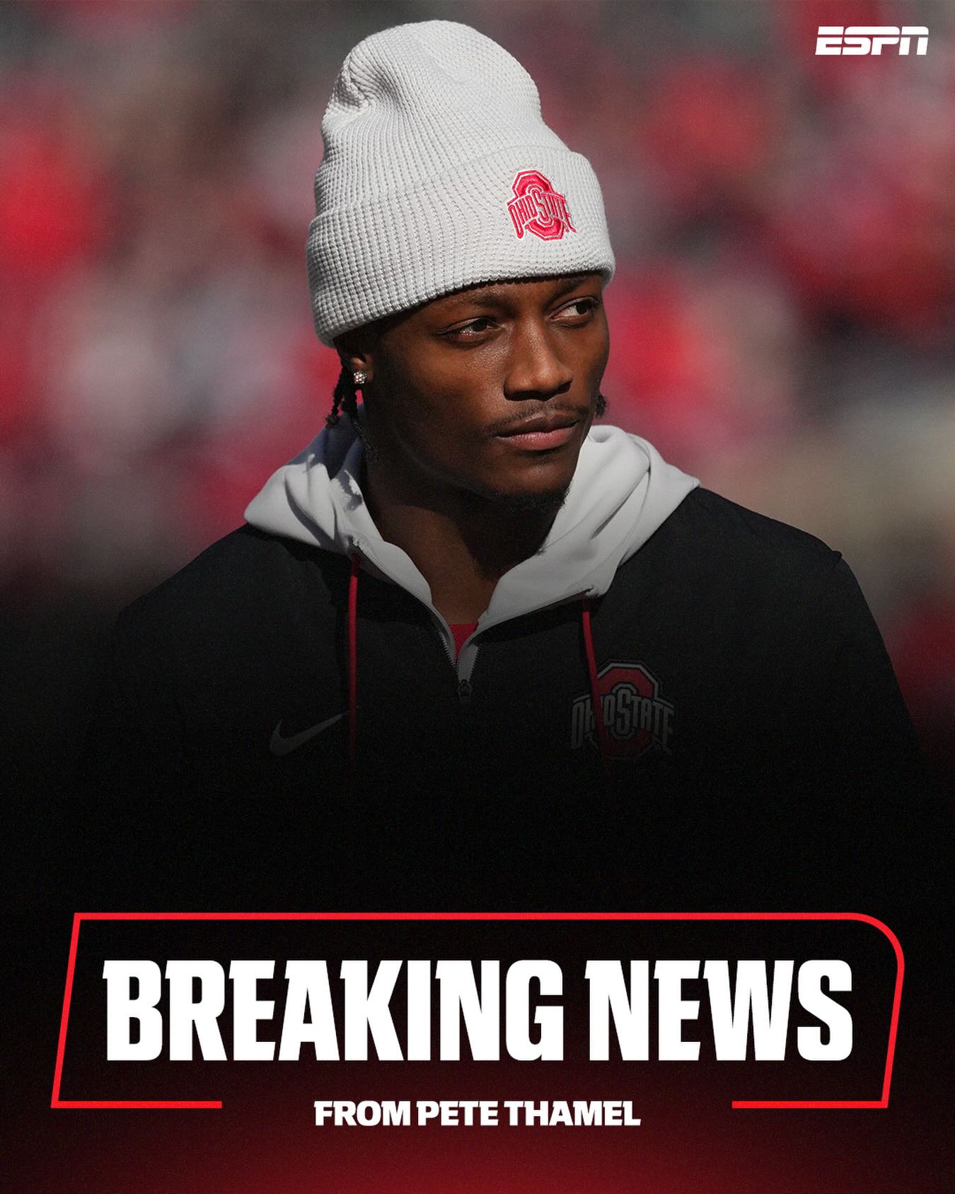 Breaking: Ohio State wide receiver Carnell Tate is leaving school early and declaring for the NFL Draft, sources tell @petethamel. 

Tate is projected to be the latest OSU first round receiver, as the school has had five picked in the first round of the last four years.