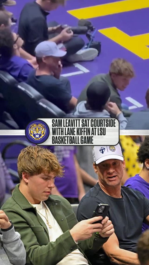 No. 1 portal QB, Sam Leavitt, court side for @lsubasketball with @lsufootball HC Lane Kiffin