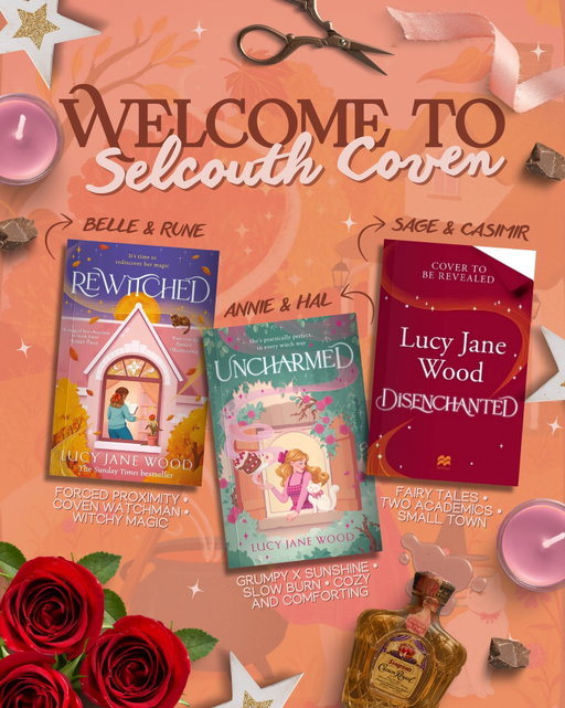 A little bookshelf reintroduction for 2026 ✨ Selcouth coven, where the regard for health and safety is alarmingly low, but 90s nostalgia and magical cosiness is high! 💫⚡️

If you’ve been wondering where to start with my books, I always recommend just going for the one that speaks loudest to your TBR 🫶🏻 
🎃 Rewitched if you need to find your spark again…
🎀 Uncharmed you want to swap people pleasing for authentic magic… 
🌹Disenchanted if you believe in prioritising whimsy and wonder…

They’re all standalone stories set in the same universe - although if you do read Rewitched first, you might appreciate a couple of little Easter eggs in Uncharmed 👀…) I hope they can add a little bit of heart and comfort to your reading this year 📚 

🎨 Graphics by @booksarebetterjess