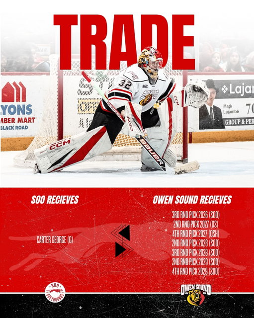 Soo Greyhounds General Manager, Kyle Raftis, announced Wednesday morning the acquisition of Los Angeles Kings prospect and Team Canada three-time medalist, Carter George, from the Owen Sound Attack.
In exchange the Hounds transferred seven draft picks to the Attack.