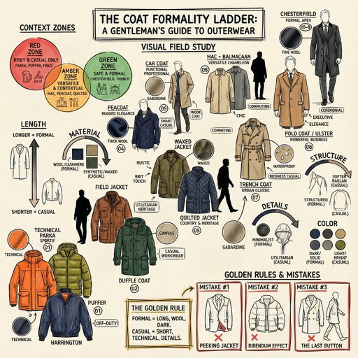 Votre manteau parle avant vous. Assurez-vous qu'il ait le bon discours.

Chesterfield sur costume trois-pièces ? Autorité discrète.
Caban sur ce même costume ? Confusion vestimentaire.
La différence entre "impeccablement habillé" et "légèrement à côté" tient souvent à une seule pièce : le manteau. C'est la première chose qu'on voit en hiver — et la dernière qu'on retire en salle de réunion.

L'échelle de formalité complète :
ZONE VERTE (Formel) — Mariages, enterrements, conseils d'administration
→ Chesterfield, Polo Coat, Trench épuré
ZONE AMBRE (Polyvalent) — Bureau, restaurants, rendez-vous
→ Mac/Balmacaan, Car Coat, Caban
ZONE ROUGE (Casual) — Week-ends, randonnées, stades
→ Parka, Field Jacket, Doudoune
Règles d'or :

Formel = Long, Laine, Sombre
Casual = Court, Technique, Détails

Erreurs classiques :
✗ La veste qui dépasse du manteau
✗ L'effet Bibendum (trop de couches)
✗ Le dernier bouton fermé
💬 Commentez WINTER pour trois emails illustrés avec de précieux conseils pour bien s'habiller en hiver.

Your coat speaks before you do.
Chesterfield over a three-piece? Understated authority.
Peacoat over that same suit? Sartorial confusion.

The difference between "impeccably dressed" and "slightly off" often comes down to one piece: the coat. It's the first thing people see in winter — and the last thing you remove in the boardroom.

The complete formality ladder:
GREEN ZONE (Formal) — Weddings, funerals, board meetings
→ Chesterfield, Polo Coat, Clean Trench
AMBER ZONE (Versatile) — Office, restaurants, dates
→ Mac/Balmacaan, Car Coat, Peacoat
RED ZONE (Casual) — Weekends, hiking, stadiums
→ Parka, Field Jacket, Puffer
Golden rules:

Formal = Long, Wool, Dark
Casual = Short, Technical, Details

Classic mistakes:
✗ The peeking jacket
✗ The Michelin Man effect
✗ The last button closed
💬 Comment WINTER for three illustrated emails with essential tips for dressing well this winter.

#outerwear #menswear #wintercoat #chesterfield #polocoat #trenchcoat #peacoat #carcoat #barbour #sartorial #classicmenswear #mensfashion #winterstyle #coatguide