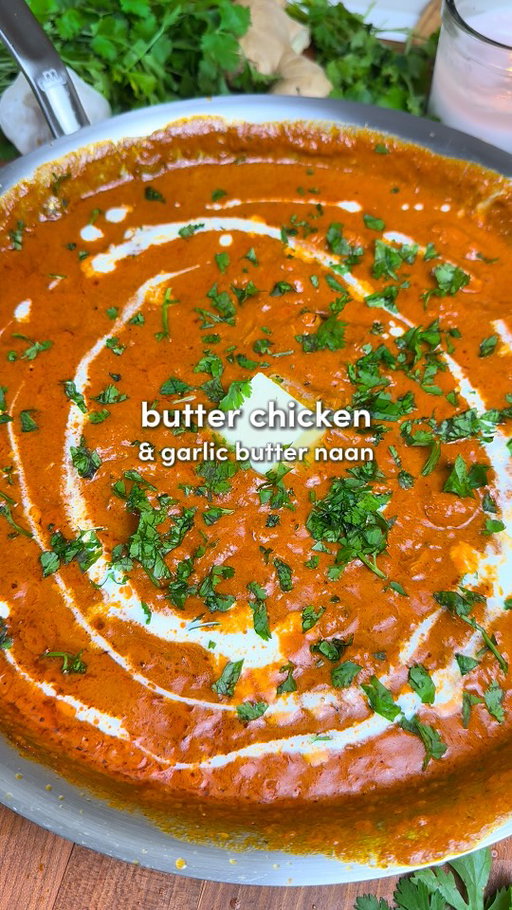 Butter Chicken 🧈🐔

Comment “Recipe” and I’ll send you the full recipe card for free!

Low effort, high comfort. A one-pan butter chicken that delivers big flavor and an easy cleanup with my stainless steel @madein pan

If you want cookware that will actually last, check out the full @madein Stainless Collection in my bio.

For the Marinade.
-2 lb boneless skinless chicken thighs, cubed
-Seasonings: 1 tbsp red chili powder (Kashmiri if you have it), 1 tbsp garam masala, 1 tsp turmeric, 1 tsp salt, 1 tsp black pepper, 1 tsp cayenne (optional)
-1/2 cup Greek yogurt
-Juice of 1/2 lemon
-2 tsp fresh ginger paste
-5 garlic cloves, minced
For the Sauce:
-6 tbsp butter, divided
-2 tbsp olive oil, divided
-1 large or 2 small yellow onions, finely diced
-5 garlic cloves, minced
-2 tsp fresh ginger paste
-Seasonings: 2 tsp cumin, 1 tbsp garam masala, 2 tsp red chili powder (Kashmiri if you have), 1 tsp ground coriander, 1 tsp salt, 1 tbsp white sugar
-1 1/4 cups passata (tomato sauce)
-1 cup heavy cream, room temp (add more if you like it extra creamy)
-25 cashews (optional, but very good)
-1/4 cup hot water, optional for thinning
To Finish: 
-Lime wedges & fresh cilantro
-Basmati rice
-Warm naan (full recipe in my bio)

1. Add the chicken to a bowl with all the marinade ingredients. Mix well. Let it sit for at least 30 minutes, or ideally overnight.
2. Heat 2 tbsp butter + 1 tbsp olive oil in a large pan over medium-high heat. Cook the chicken until golden. Remove and set aside.
3. In the same pan, add 2 tbsp butter + 1 tbsp oil over medium heat. Add the onions & cook until soft, about 5 mins. Add the garlic, ginger, and sauce spices. Stir & cook for 1–2 mins.
4. Add the passata & cashews if using. Gently simmer for 5 mins. Stir in the cream. 
5. Using a handheld blender or transferring to a blender, carefully blend the sauce. Optionally add hot water to adjust consistency.
6. Add the blended sauce back to the pan along with the reserved chicken. Keep the heat low & simmer for 10–15 minutes until the chicken is cooked through. Add the remaining 2 tbsp of butter.
7. Finish with a squeeze of lime and lots of cilantro.

#madeinpartner #ad