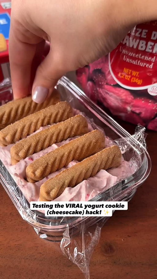 Trying the VIRAL yogurt + cookie hack!! ✨

Apparently when you put cookies into Greek yogurt, and keep it in the fridge overnight, the cookies will soften from the yogurt and the whole thing will taste like cheesecake! 🍰 

[tips]

💁🏻‍♀️ Use plain greek yogurt! Flavour it (if you wish) with freeze dried strawberries, matcha powder, cocoa powder, etc
💁🏻‍♀️ Use thin cookies like sablé, oreos (scrap the middle off), peak freans or shortcake cookies like what I used, or even biscoff cookies!

[steps]
1. You can use the greek yogurt cup and stick cookies directly into it OR scoop it out like me into a saran wrap lined glass container.
2. Insert cookies into the yogurt closely together until all of the yogurt is covered.
3. Leave in fridge for 18+ hours (this will allow the cookies to absorb the moisture from the yogurt).
4. The result should be soft moist 'cake like' layers paired with greek yogurt which will taste like a 'healthier' cheesecake! If needed, top with honey for more sweetness 🍯

Will you give this a try? 😝