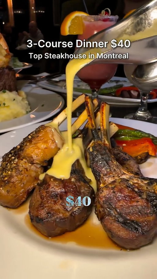 For a limited time, $40 gets you a full steakhouse dinner, including your choice of one of each:

Appetizers
• Soup (reg $10)
• Caesar salad (reg $14)
• Beet salad (reg $15)
• Greek salad (reg $18)

Main courses
• Slow-roasted prime rib +$5 (reg $64)
• Filet mignon with cognac & peppercorn sauce (reg $64)
• Whole rack of lamb with Porto sauce (reg $64)
• Grilled whole rack of lamb (reg $64)
• Whole grilled sea bass (reg $54)
• Grilled salmon fillet (reg $44)
• Mignonettes & U6 shrimp scampi style (reg $64)
• U6 shrimp scampi (reg $60)
• Voltigeur grain-fed chicken breast (reg $47)
• Steak Diane, bordelaise mushrooms, tagliatelle (reg $40)
• Seafood linguine (reg $50)
• Baby back ribs with coleslaw & fries (reg $34)

Dessert
• Dessert of the day (reg $12)

Available Sunday-Thursday, whole day. Reservation required.

Dress code: business casual or better 👗

📍 Sterling’s Steakhouse - 165 Prom. du Centropolis, Laval

How to get the offer:
	1.	Get a free QR code on the Spectra app
	2.	Show it to the staff at Sterling’s
	3.	Enjoy ✨ (Live assistance available via the number on the code)

Offers update over time. Check the Spectra Eats app for the current offer. | Les offres évoluent avec le temps. Consultez l’application Spectra Eats pour l’offre actuelle.
