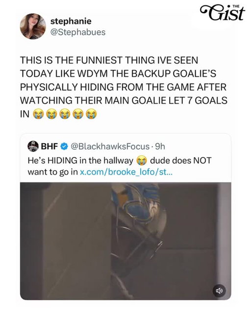 Keep me out, coach. 😭⁣
⁣
After the Chicago Blackhawks scored their seventh goal of the game, St. Louis Blues coach Jim Montgomery tried to pull goalie Jordan Binnington for Joel Hofer... except Hofer was nowhere to be found. ⁣
⁣
Binnington appeared to refuse to come off the ice, while Hofer was hiding down the tunnel to the Blues' locker room. 😅⁣
⁣
#menssports #hockey