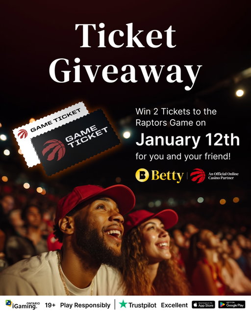 CLOSED❌
Raptors Ticket Giveaway - 2 DAYS ONLY🏀🏀🏀

Hey Toronto! We’re giving away two tickets to watch the Toronto Raptors live on January 12. Kick off 2026 courtside and cheer on the Raptors in full fan mode. Your chance to win starts now✨

✨ How to Enter
1. Must follow @bettyontario
2. Tag a friend you’d bring to the game in the comments + drop a 🏀  emoji (Each valid tag = 1 entry). Unlimited entries allowed if you tag different accounts
3. Like this post
Bonus (not mandatory): Share this post to your story if you love Betty and love our giveaways❤️

Please only participate if you’re available on the evening of January 12, 2026

Eligibility
•Ontario residents only
•Must be 19+ at time of entry
•No purchase necessary

🗓 Deadline: Giveaway closes January 10th, 11:59 pm EST
🏆 Winner: ONE RANDOM lucky fan will be announced in our stories

Drop your comment below and get in the game!

Betty Gaming operates pursuant to an Operating Agreement with iGaming Ontario. You must be 19+ and physically located in Ontario. Please play responsibly.⁠
