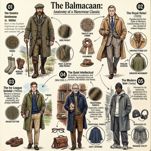 🇫🇷 Un manteau. Cinq époques. Une leçon de style.
Le Balmacaan est né dans les Highlands écossais vers 1880 — conçu pour la chasse, taillé dans un tweed robuste, pensé pour résister à l'humidité britannique.
Puis le duc de Windsor s'en empare en 1929. Et tout change.
Ce vêtement rural devient symbole d'élégance citadine. La coupe raglan qui permettait de lever un fusil permet désormais d'enfiler un blazer sans écraser les épaules.
Les 5 vies du Balmacaan :
01 → Country Gentleman (1880s) — Tweed, bottes de terrain, casquette plate
02 → Royal Rebel (1929) — Camel sur flanelle grise, feutre, richelieu
03 → Ivy League Scholar (1930s) — Coton huilé, col V marine, penny loafers
04 → Quiet Intellectual (1950s) — Laine marine, col roulé épais, sacoche cuir
05 → Modern Icon (Aujourd'hui) — Oversize, hoodie, sneakers chunky
Ce qui rend ce manteau intemporel : sa coupe raglan s'adapte à tout, du costume trois-pièces au streetwear.
💬 Commentez WINTER pour trois emails illustrés avec de précieux conseils pour bien s'habiller en hiver.

🇬🇧 One coat. Five eras. A masterclass in style.
The Balmacaan was born in the Scottish Highlands around 1880 — designed for hunting, cut from rugged tweed, built to withstand British damp.
Then the Duke of Windsor claimed it in 1929. Everything changed.
This rural garment became a symbol of city elegance. The raglan cut that once allowed shouldering a rifle now lets you layer a blazer without crushing the shoulders.
The 5 lives of the Balmacaan:
01 → Country Gentleman (1880s) — Tweed, field boots, flat cap
02 → Royal Rebel (1929) — Camel over grey flannel, fedora, oxfords
03 → Ivy League Scholar (1930s) — Waxed cotton, navy V-neck, penny loafers
04 → Quiet Intellectual (1950s) — Navy wool, chunky turtleneck, leather satchel
05 → Modern Icon (Today) — Oversized, hoodie, chunky sneakers
What makes this coat timeless: the raglan cut adapts to everything, from three-piece suits to streetwear.
💬 Comment WINTER for three illustrated emails with essential tips for dressing well this winter.

#balmacaan #raglancoat #menswear #overcoat #wintercoat #dukeofwindsor #ivystyle #classicmenswear