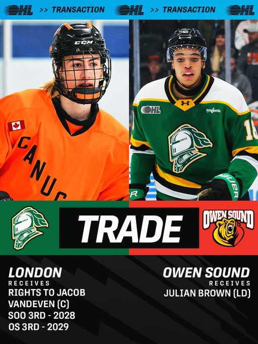 Brown is Bayshore-bound!

Julian Brown is headed to the @AttackOHL from the @LondonKnights in exchange for Jacob Vandeven and two draft picks.