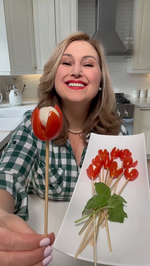 Tomato Tulips 
Delicious and easy to create!
Mini Bocconcini fit perfectly inside. Don’t forget to drizzle a little balsamic vinegar on top 🍅