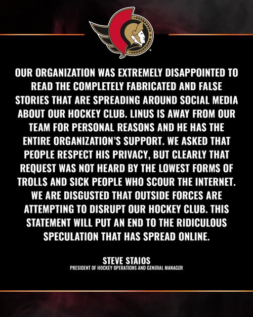 A statement from President of Hockey Operations and General Manager Steve Staios.
