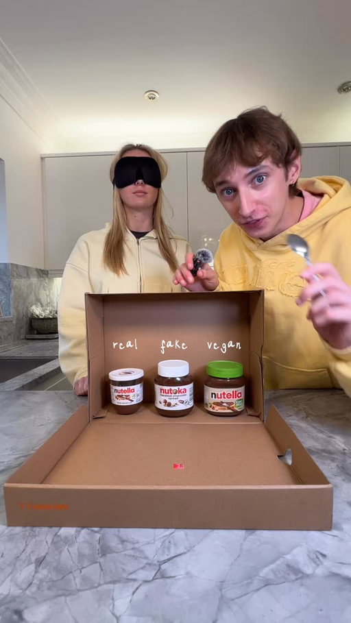 Nutella taste test with my addicted sister @lizzie.masonx Can she tell the difference between Real Nutella, Fake Nutella and Vegan Nutella