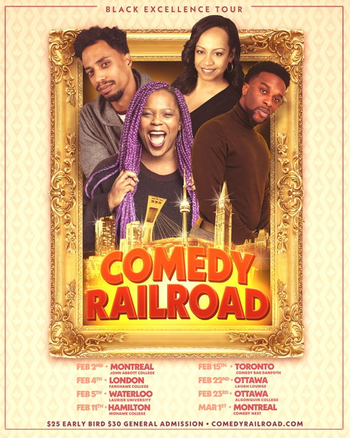 It’s that time of year again! We are hitting the road for 8 shows this February to celebrate Black Excellence! 

Huge shoutout to the people that somehow already found the links and bought tickets before we even started promoting, you too real for that! 

We are hitting the campuses and comedy clubs this year.

Join us in 
Toronto (Black Valentine’s) - Sunday Feb 15th @comedybardanforth 

Ottawa - Sunday Feb 22nd - 
@laughloungeottawa 

Montreal - Sunday March 1st -
@thecomedynest 

The Underground Comedy Railroad is a ground breaking all black comedy tour known for being the first and only tour of its kind in Canada. Bringing laughter and thought-provoking entertainment to stages across Canada. 

You can check out our recordings from past years on Spotify/Apple Music ‘Underground Comedy Railroad’ #blackhistorymonth #standupcomedy #canada