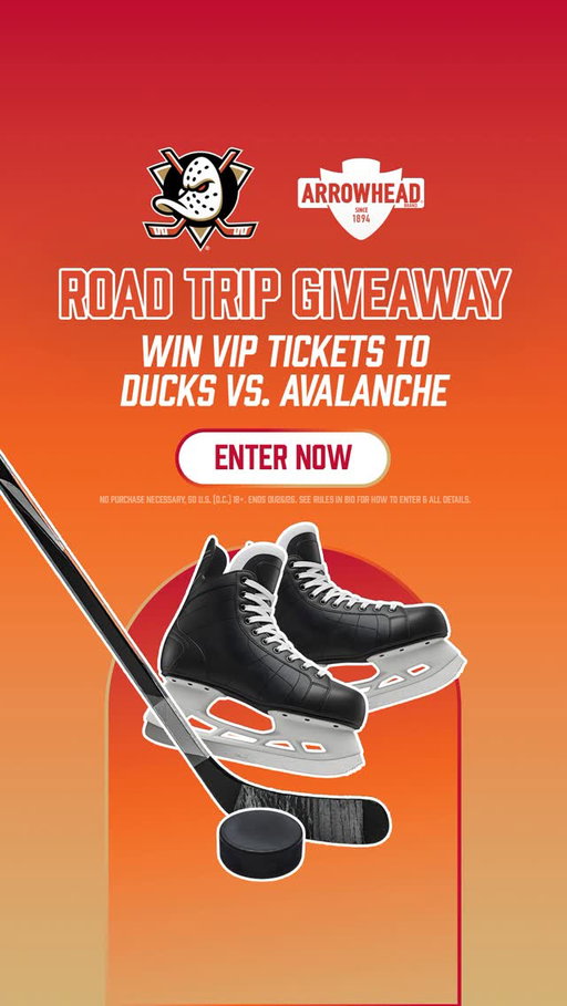 🔴 CLOSED 🔴
Golden hour, ice cold water, and VIP hockey tickets. 🌅⛸️ We’re partnering with the @anaheimducks to gift you an unforgettable VIP experience. From the flight to the Zamboni ride, we’ve got your travel plans covered. Just pack your bags and bring the energy. 🚘🌊 The Grand Prize: ✨ VIP Tickets to Ducks vs. Avalanche ✨ Roundtrip Flights + Hotel Stay ✨ Dinner for Two & a Zamboni® ride 

Here is how to get in on the action: 
1️⃣ Follow @arrowheadwtr 
2️⃣ Double tap this post to like it. 
3️⃣ Tag a friend in the comments who needs a vacation. Pro Tip: Every comment with a tag counts as a new entry, so tag as many friends as you want!

#ArrowheadMountainSpringWater