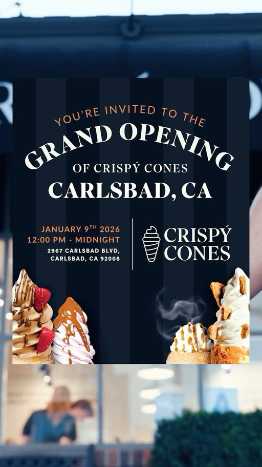 Crispy Cone Grand Opening 🎉

join us for our grand opening from 12 PM to midnight! 

#crispycone #carlsbadvillage #northcountysd #visitcarlsbad
