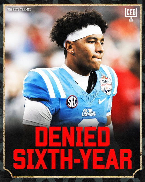 Ole Miss QB Trinidad Chambliss has been denied a sixth-year of eligibility by the NCAA, per Pete Thamel

Chambliss’ college career is over barring a successful Ole Miss appeal

#cfb #cfp #collegefootball