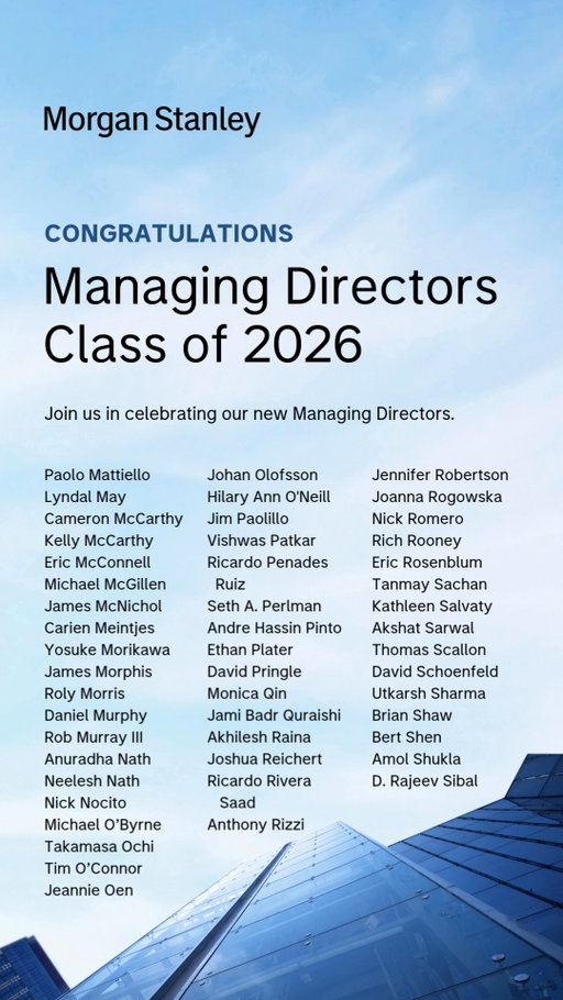 Congratulations to our new Managing Directors. They reflect the best of our integrated firm and carry our culture of rigor, humility and partnership. #ShareMorganStanley